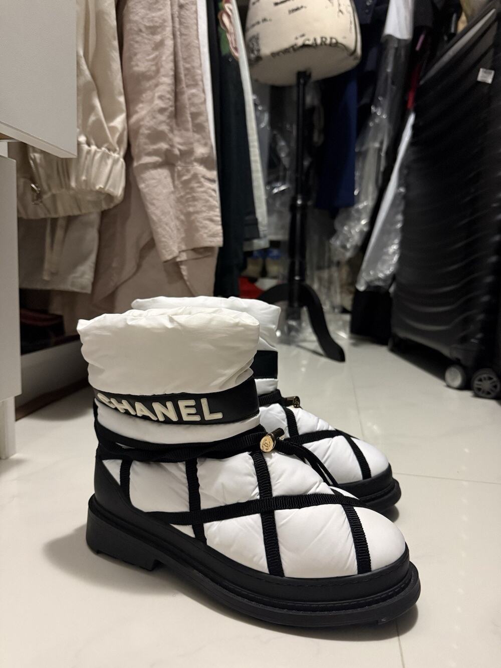 CHANEL White/Black Logo Nylon Lace-Up Lined Snow Boots Women EU 36